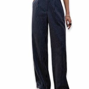Navy Pinstripe Wide Leg Trousers Size L Office Pants